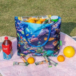 Eco-Friendly Beach Bag: Crafted from 100% Recycled Ocean Bound Plastic, Durable Water-Resistant Fabric, Generous Capacity with Secure Zipper Closure, Versatile for Beach, Travel, Shopping, and Everyday Use, Featuring Over 100 Unique Copyright-Free Patterns