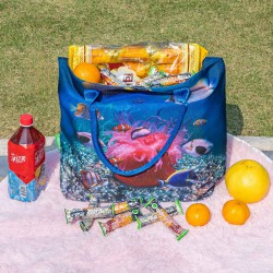 Eco-Friendly Beach Bag: Made from 100% Recycled Ocean Bound Plastic, High-Quality Water-Resistant Fabric, Large Capacity with Zipper Closure, Versatile for Beach, Travel, Shopping, and Daily Use, Featuring Over 100 Unique Copyright-Free Patterns